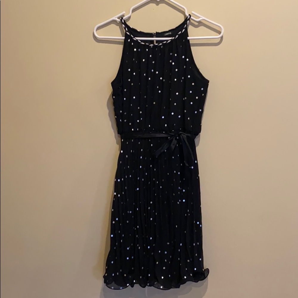 Kids black and silver polka dot dress with ribbon